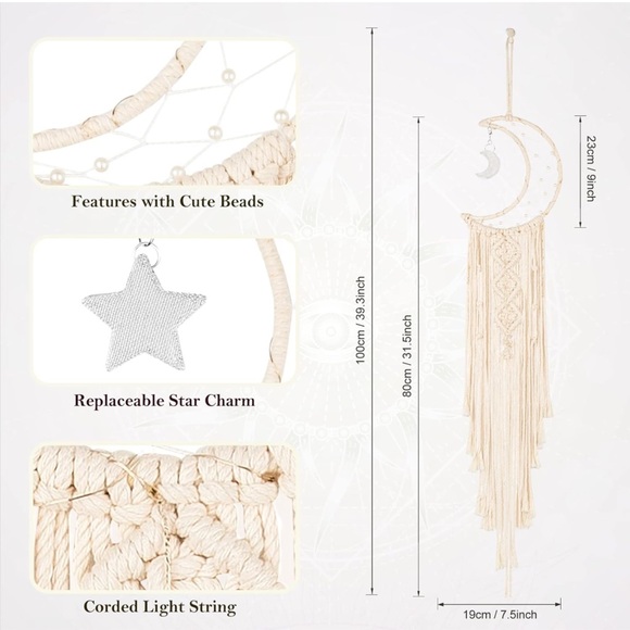 Moon and Star Wall Macrame with lights - Picture 3 of 3